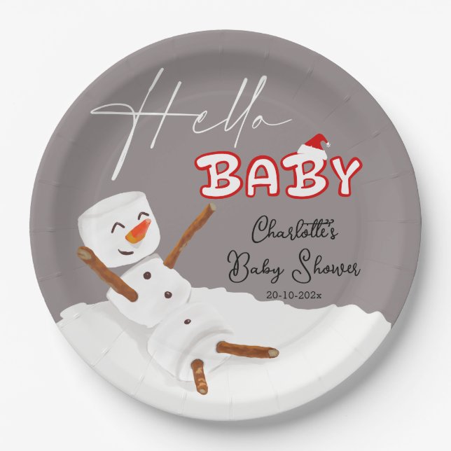 Hello Baby Cute Snowman Baby Shower Pappteller (Vorderseite)