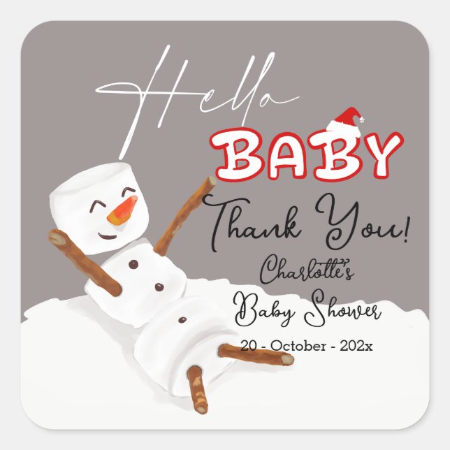 Hello Baby Cute Snowman Baby Shower Quadratischer Aufkleber (Vorderseite)