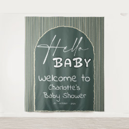 Hello Baby Dark Green Stripes Baby Shower Backdrop Wandteppich