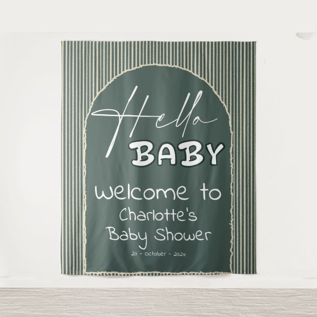 Hello Baby Dark Green Stripes Baby Shower Backdrop Wandteppich (Vorderseite)