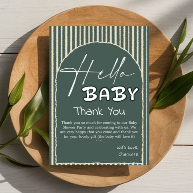 Hello Baby Dark Green Stripes Baby Shower Dankeskarte (Von Creator hochgeladen)