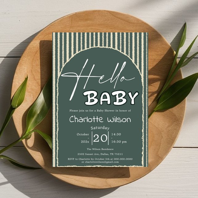 Hello Baby Dark Green Stripes Baby Shower Einladung (Von Creator hochgeladen)