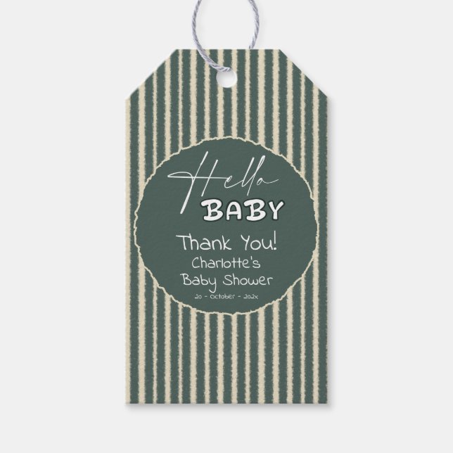 Hello Baby Dark Green Stripes Baby Shower Geschenkanhänger (Vorderseite)