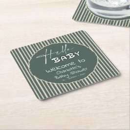 Hello Baby Dark Green Stripes Baby Shower Rechteckiger Pappuntersetzer