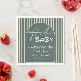 Hello Baby Dark Green Stripes Baby Shower Serviette