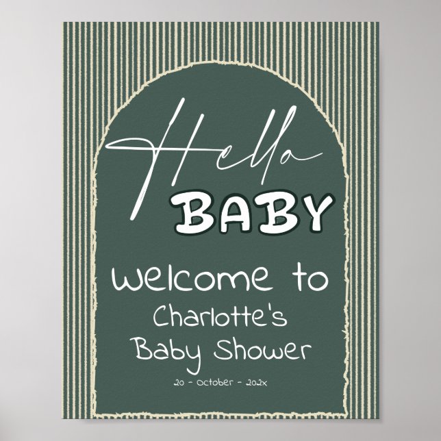 Hello Baby Dark Green Stripes Baby Shower Welcome Poster (Vorne)
