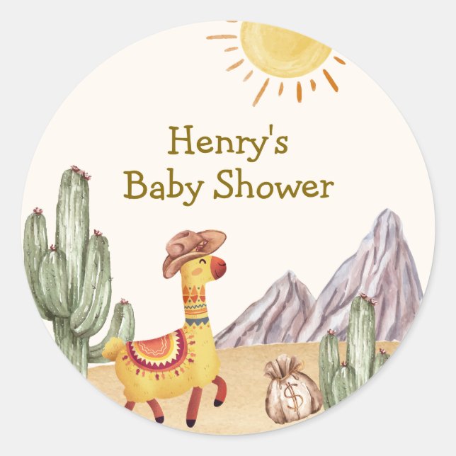 Hello Baby Desert Cactus Llama Cowboy Baby Shower Runder Aufkleber (Vorderseite)