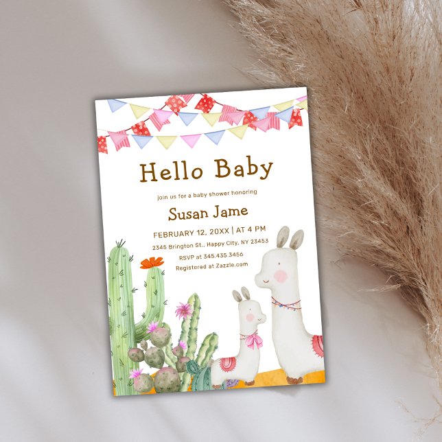 Hello Baby Desert Cactus Llama Fiesta Baby Shower Einladung (Hello Baby Desert Cactus Llama Fiesta Baby Shower Invitation)