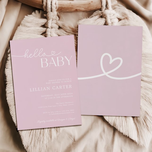 Hello Baby Dusche Heart Baby Pink Minimalistisch Einladung (Von Creator hochgeladen)
