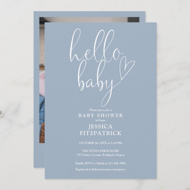 Hello Baby Dusty Blue Boy Foto Baby Shower Einladung (Vorne/Hinten)