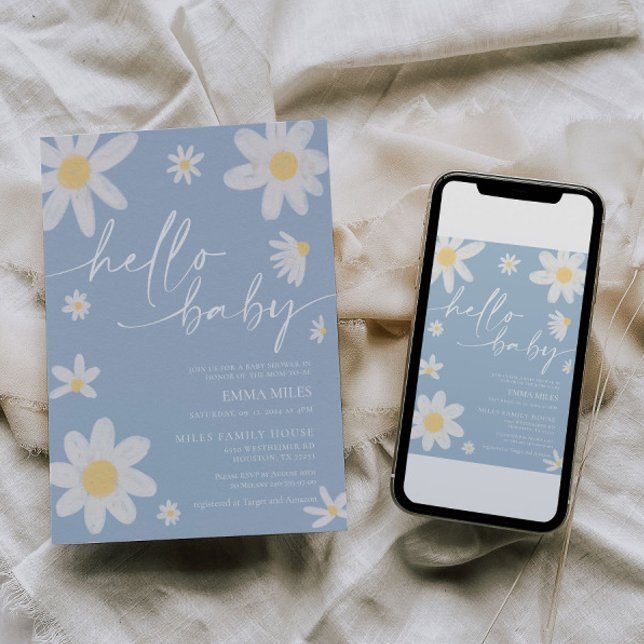 Hello Baby Dusty Blue Daisy Baby Shower Einladung (Von Creator hochgeladen)