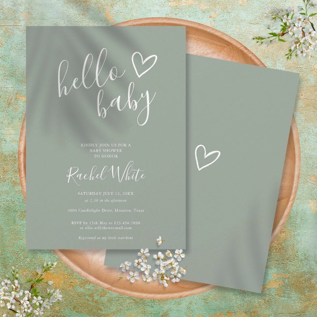 Hello Baby Duwer Gender Neutral Boho Sage Green Einladung (Von Creator hochgeladen)