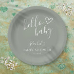 Hello Baby Duwer Gender Neutral Boho Sage Green Pappteller<br><div class="desc">Eine moderne,  minimalistische Babyduschplatte mit niedlichem,  handgezeichnet Herz und stilvoller Typografie auf einem geschlechtsneutralen,  schlängelgrünen Hintergrund. Entwickelt von Thisisnotme©</div>