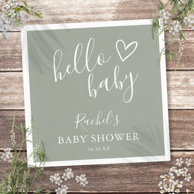 Hello Baby Duwer Gender Neutral Boho Sage Green Serviette (Hello Baby Shower Gender Neutral Boho Sage Green Napkins)