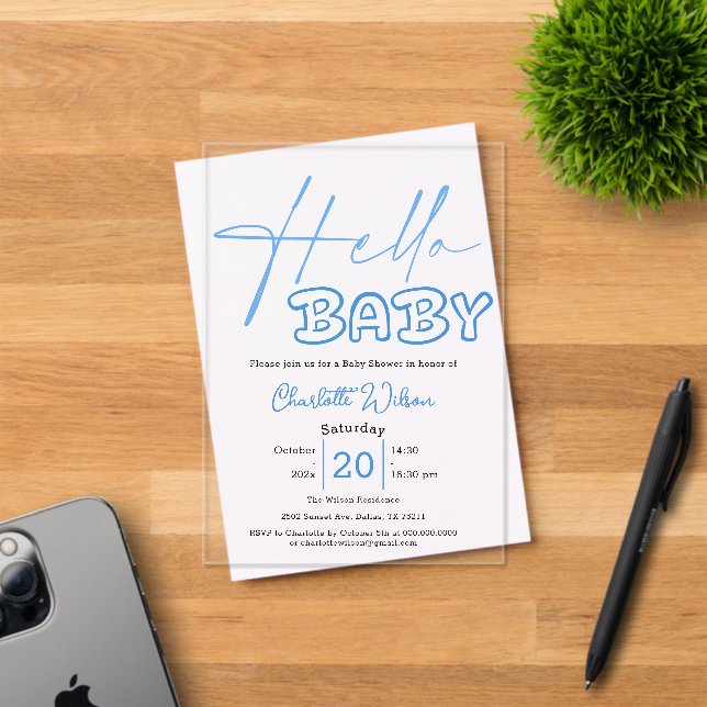 Hello Baby Elegant Blue Baby Shower Acryleinladungen (Insitu (Einladungskarte))