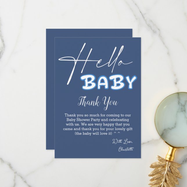 Hello Baby Elegant Dark Blue Baby Shower Dankeskarte (Vorderseite/Rückseite Beispiel)