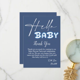 Hello Baby Elegant Dark Blue Baby Shower Dankeskarte
