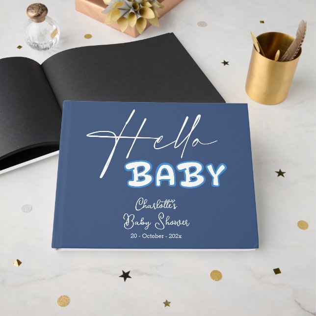 Hello Baby Elegant Dark Blue Baby Shower Gästebuch (Vorderseite Offen)
