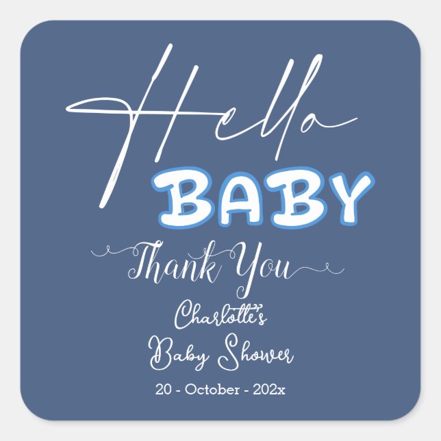 Hello Baby Elegant Dark Blue Baby Shower Quadratischer Aufkleber (Vorderseite)