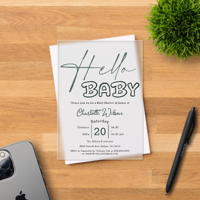 Hello Baby Elegant Dark Green Baby Shower Acryleinladungen (Insitu (Einladungskarte))