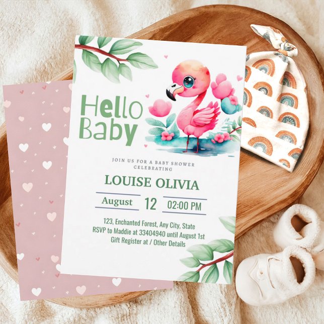Hello Baby Flamingo Eucalyptus Baby Shower Einladung (Von Creator hochgeladen)