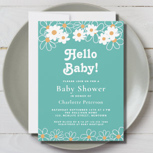 Hello Baby Gender-Neutral Daisy Aquamarin Baby Dus Einladung