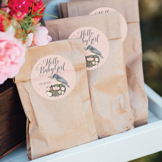 Hello Baby Girl Floral Bird's Nest Baby Shower Runder Aufkleber (Von Creator hochgeladen)