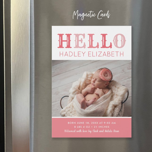 Hello Baby Girl Magnetic Foto Geburtserklärung Magnetkarte (Von Creator hochgeladen)