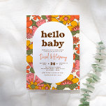 Hello Baby | Groovy Retro Blume Boho Babydusche Einladung<br><div class="desc">Retro Baby Dusche Einladungen mit modernen Arkaden aus dem 20. Jahrhundert, Blume Power Muster und Groovy Typ. Die Vorderseite dieser Karte weist einen Blumenhintergrund mit einem weißen ovalen Overlay in der Mitte auf. Die Vintage Farbpalette in Braun, Gelb, Orange, Creme und Grün verleiht dem 70er eine echte Touch. Das blumengeschmückte...</div>