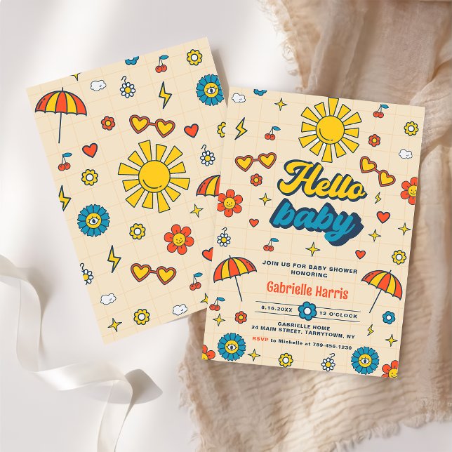 Hello Baby Groovy Retro Daisy Baby Shower Party Einladung (Von Creator hochgeladen)