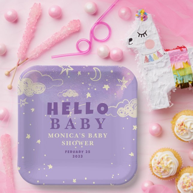 Hello Baby Lila Dream Baby Shower Paper Plate Pappteller (Party)