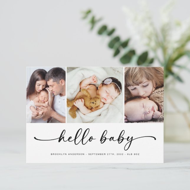 Hello Baby | Moderne Geburt von drei Fotos Ankündigung (Stehend Vorderseite)