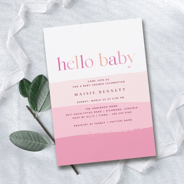 Hello Baby | Moderne Pink Ombre Girl Baby Dusche Einladung (Von Creator hochgeladen)