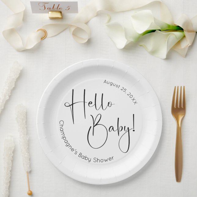 Hello Baby Modernes Script Baby Dusche Pappteller (Hochzeit)