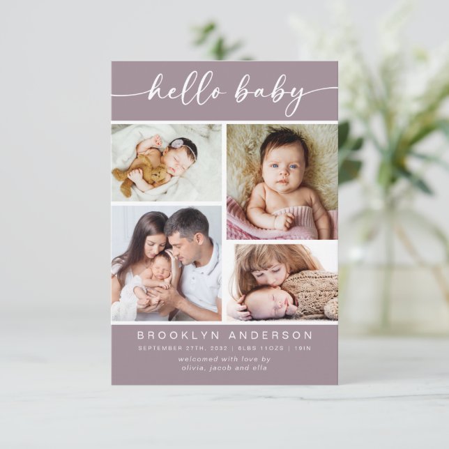Hello Baby | Modernes Vier-Foto-Geburt Ankündigung (Stehend Vorderseite)