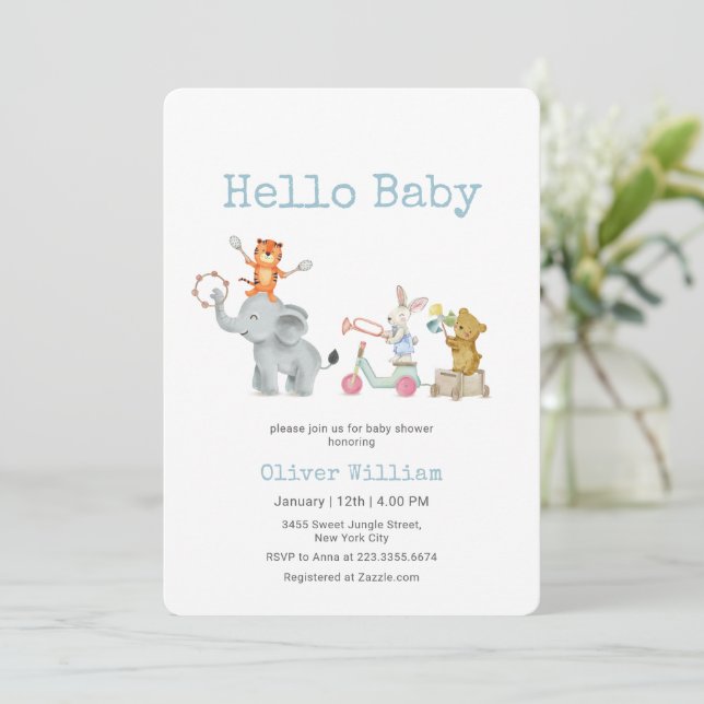 Hello Baby Musical Elephant Parade Baby Shower   Einladung (Stehend Vorderseite)