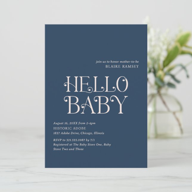 Hello Baby Navy Blue Modern Baby Dusche Einladung (Stehend Vorderseite)