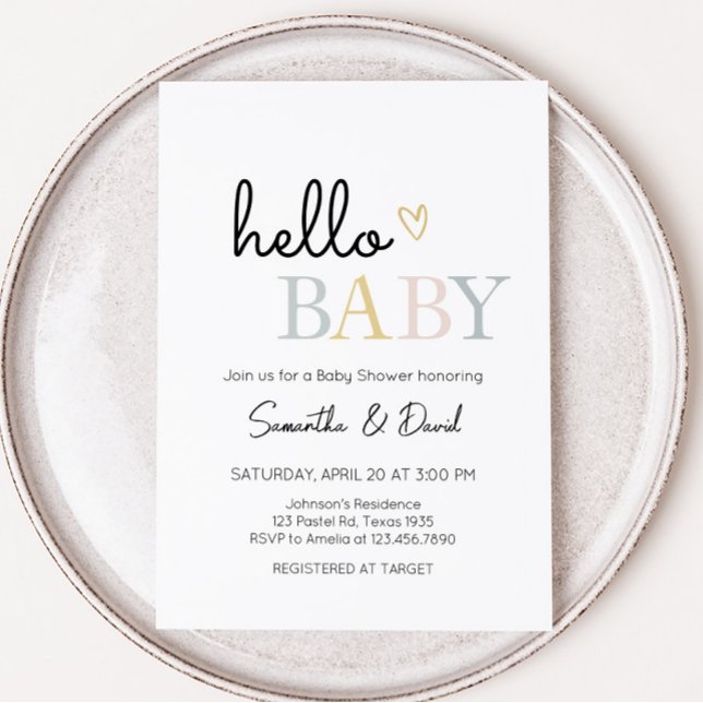 Hello Baby Neutral Minimalistisch Baby Dusche Einladung (Pastel Letters Minimalist Baby Shower Invitation)