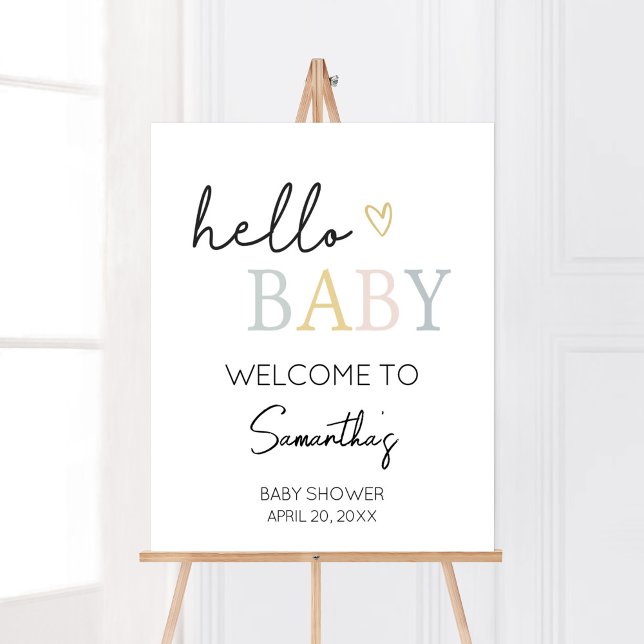 Hello Baby Neutral Minimalistisch Welcome Poster (Pastel Letters Minimalist Baby Shower Welcome Sign)