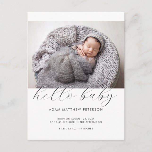 Hello Baby Neutral Schwarz-weiß Birth Ankündigung Postkarte (Vorderseite)