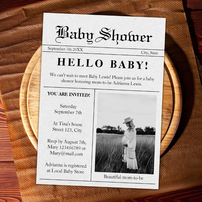 Hello Baby Newspaper Foto Baby Shower Einladung (newspaper style baby shower invitation photo unique hello baby gender neutral)