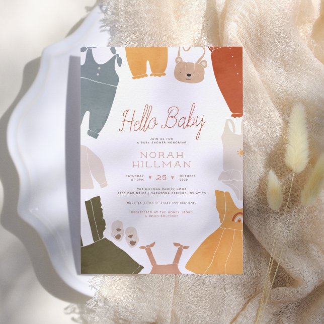 Hello Baby | Niedlich Boho Clothes Girl Babydusche Einladung (Von Creator hochgeladen)