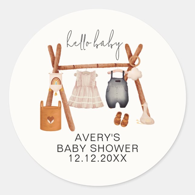 Hello Baby | Niedlich Boho Kleidung Kinderdusche Runder Aufkleber (Vorderseite)