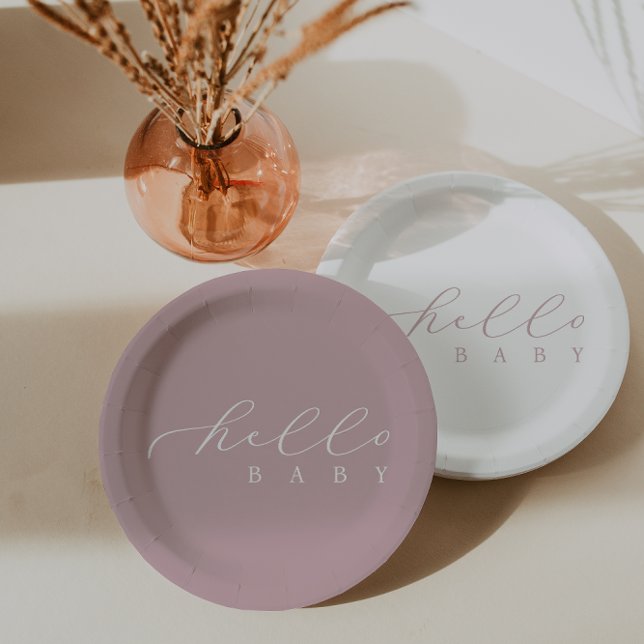 Hello Baby Pink Script Minimalistisch Baby Dusche Pappteller (Von Creator hochgeladen)