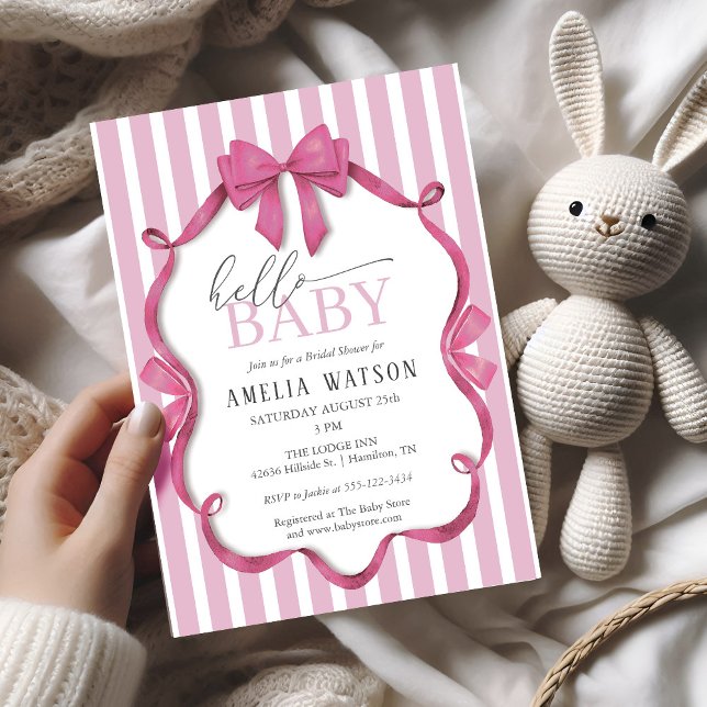 Hello Baby Pink Striped Bow Baby Shower Einladung (Hello Baby Pink Striped Bow Baby Shower Invitation)