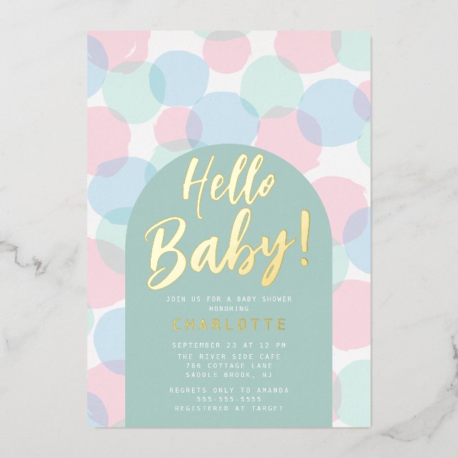 Hello Baby Polka Dots Baby Shower Folieneinladung (Vorderseite)