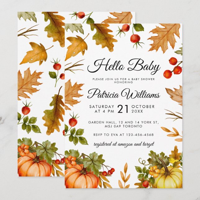 Hello Baby Pumpkin Foliage Herbst Babydusche Einladung (Vorne/Hinten)