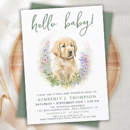 Hello Baby Puppy Dog Modern Sage Green Baby Dusche Einladung