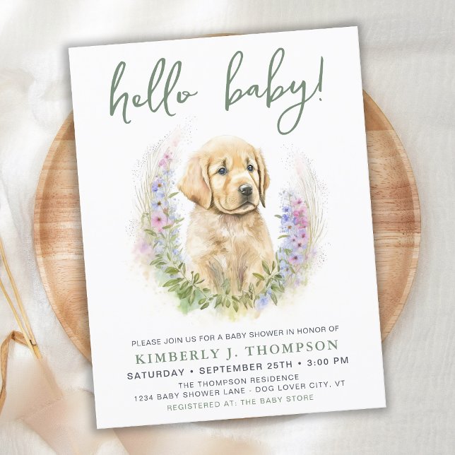 Hello Baby Puppy Dog Modern Sage Green Baby Dusche Einladungspostkarte (Von Creator hochgeladen)