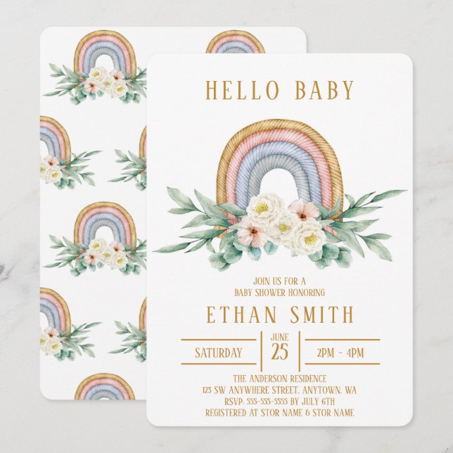 Hello Baby Rainbow Floral Watercolor Baby Showroom Einladung (Vorne/Hinten)